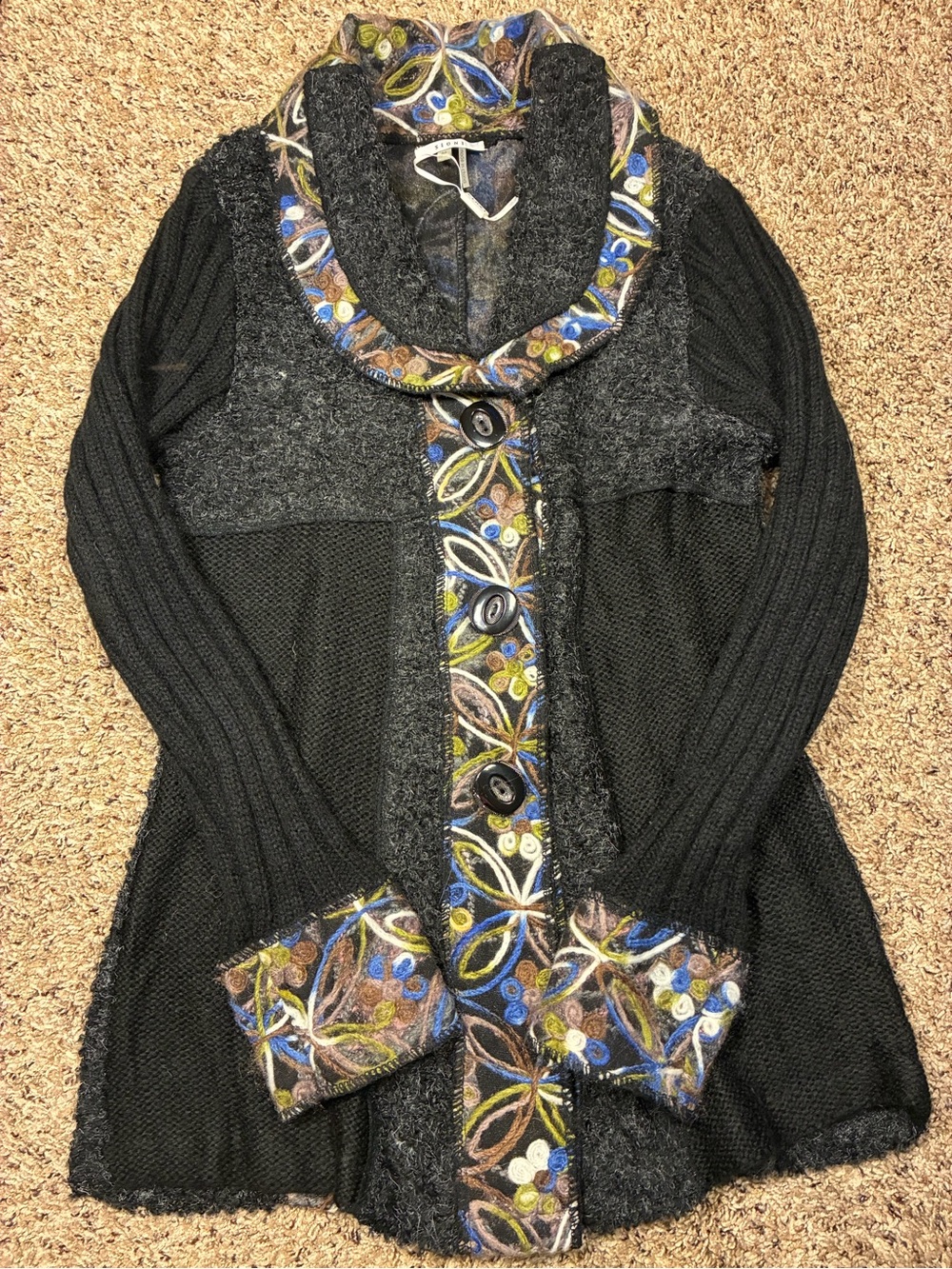 Sioni Wool Mohair Blend Embroidered Collar Cuff Mixed Media Ribbed Cardigan